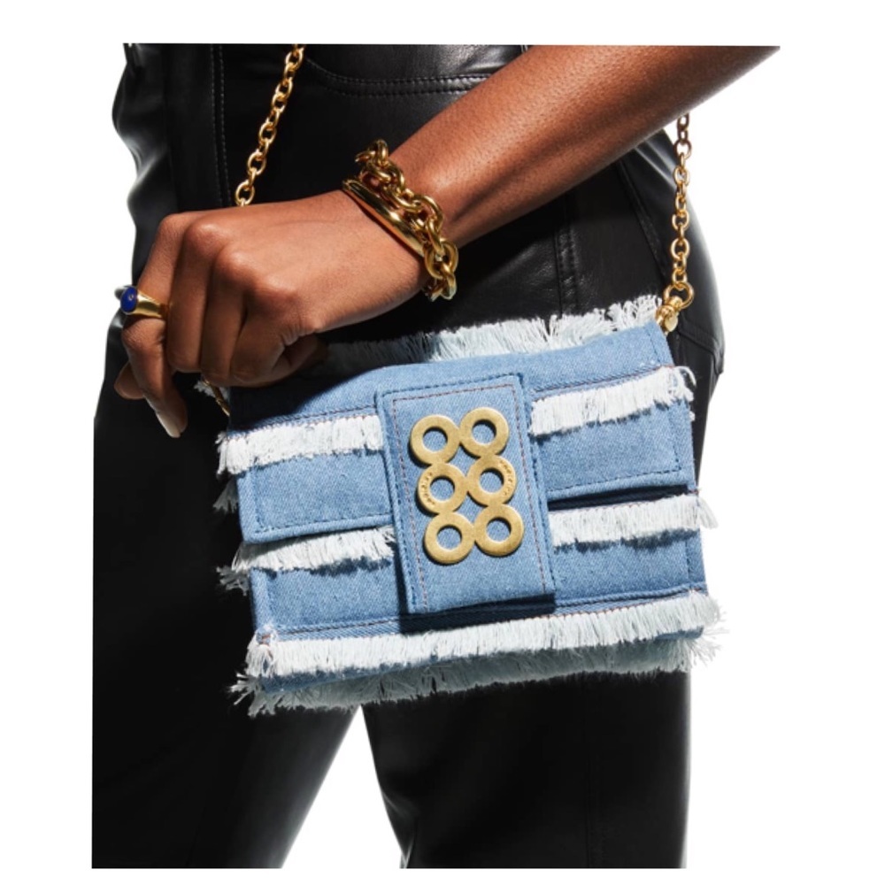 Kooreloo Amalfi Denim Fringe Crossbody Bag Gold Chain Blue NWT